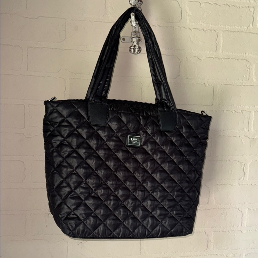 DKNY Black Quilted Tote with Glossy Finish